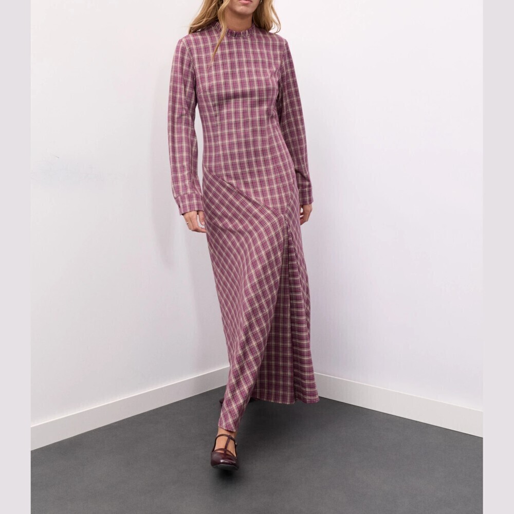 Purple Plaid Ruffle Stand Collar Long Sleeve Asymmetric Maxi Dress